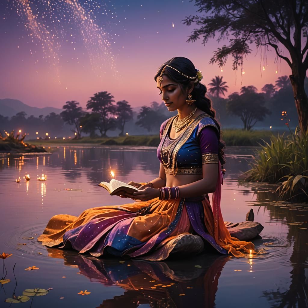 Indian Woman Reading at Twilight: Fantasy Concept Art