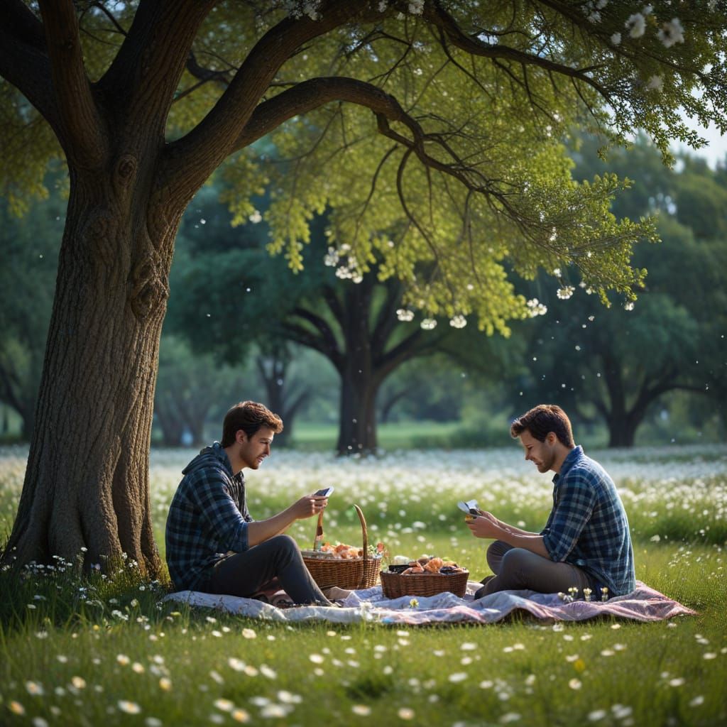Moonlit Picnic Under Oak Tree in Rain