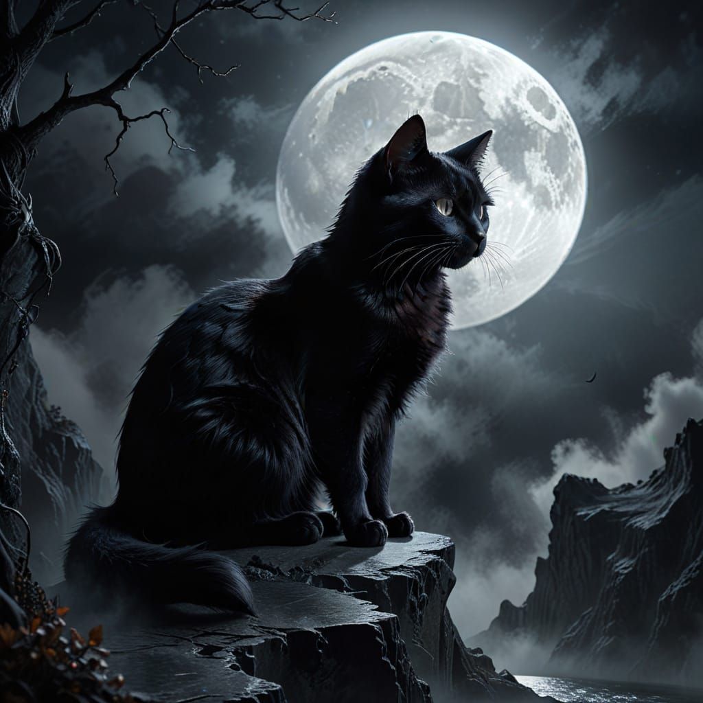 Black Cat on Abyss Edge Under Silver Moon