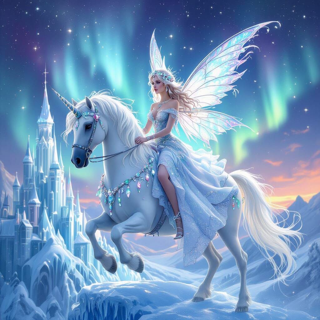 Ice Fairy on Pegasus Above Ice Castle Under Northern Lights