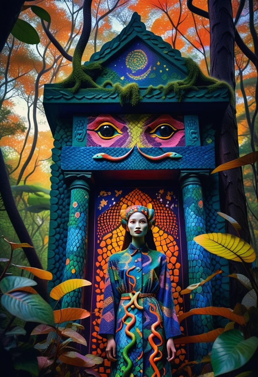 Seductive Model Surrounded by Vibrant Serpentine Textiles at...