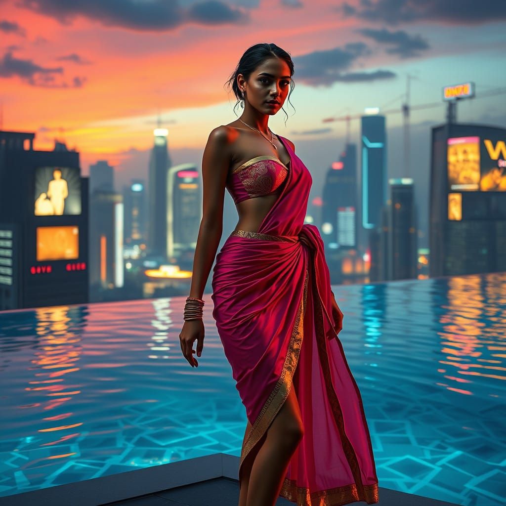 Futuristic Indian Goddess by Cyberpunk City Pool