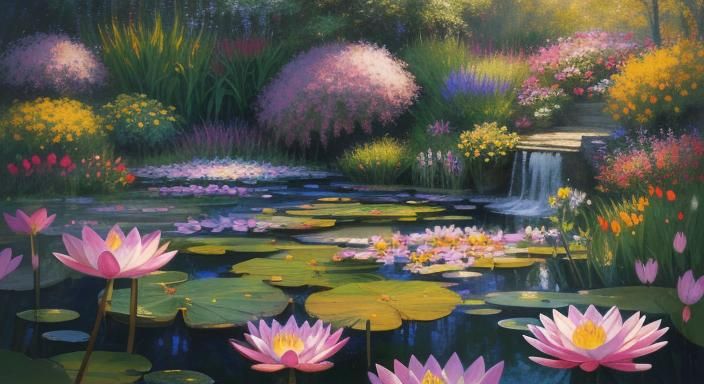 Kaleidoscopic Garden Pond as Impressionist Oil Painting