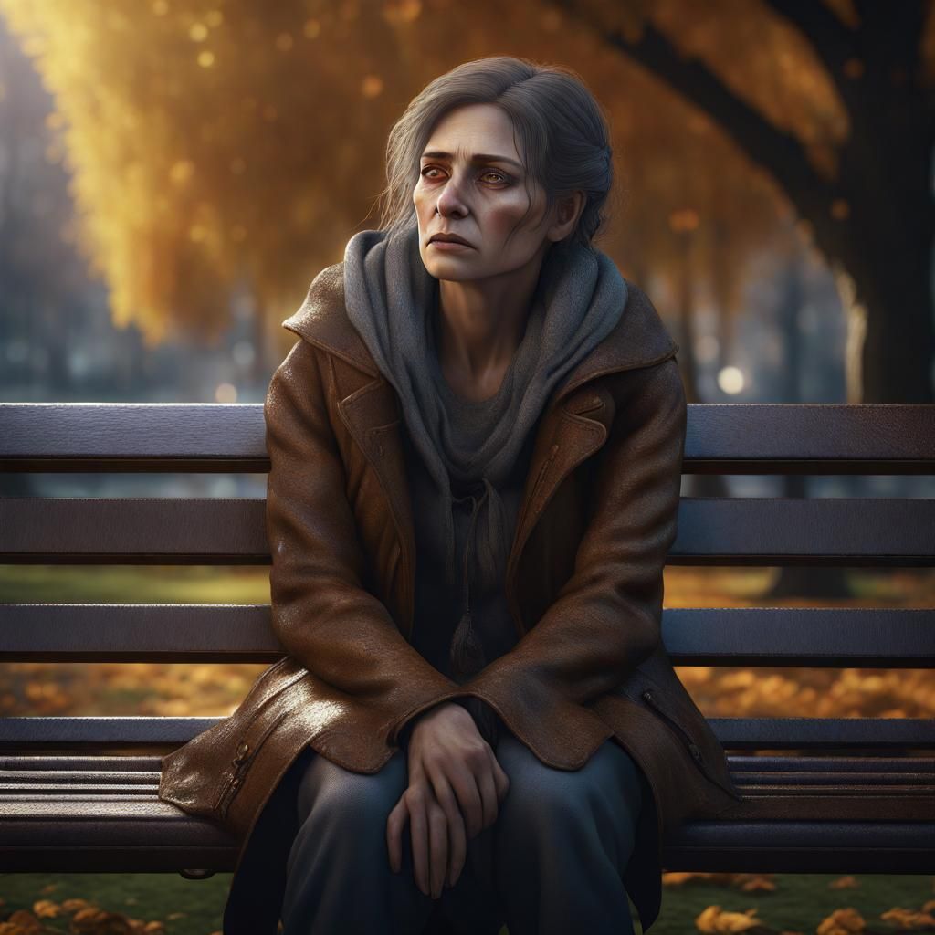 a hyperdetailed portrait of a very sad woman sitting alone on a park bench, her expressive brown eyes filled with tears,...