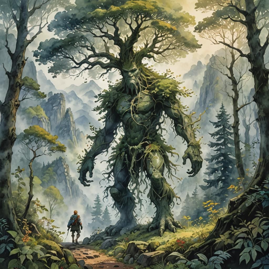 Giant Walking Tree in Misty Forest, Watercolor Style
