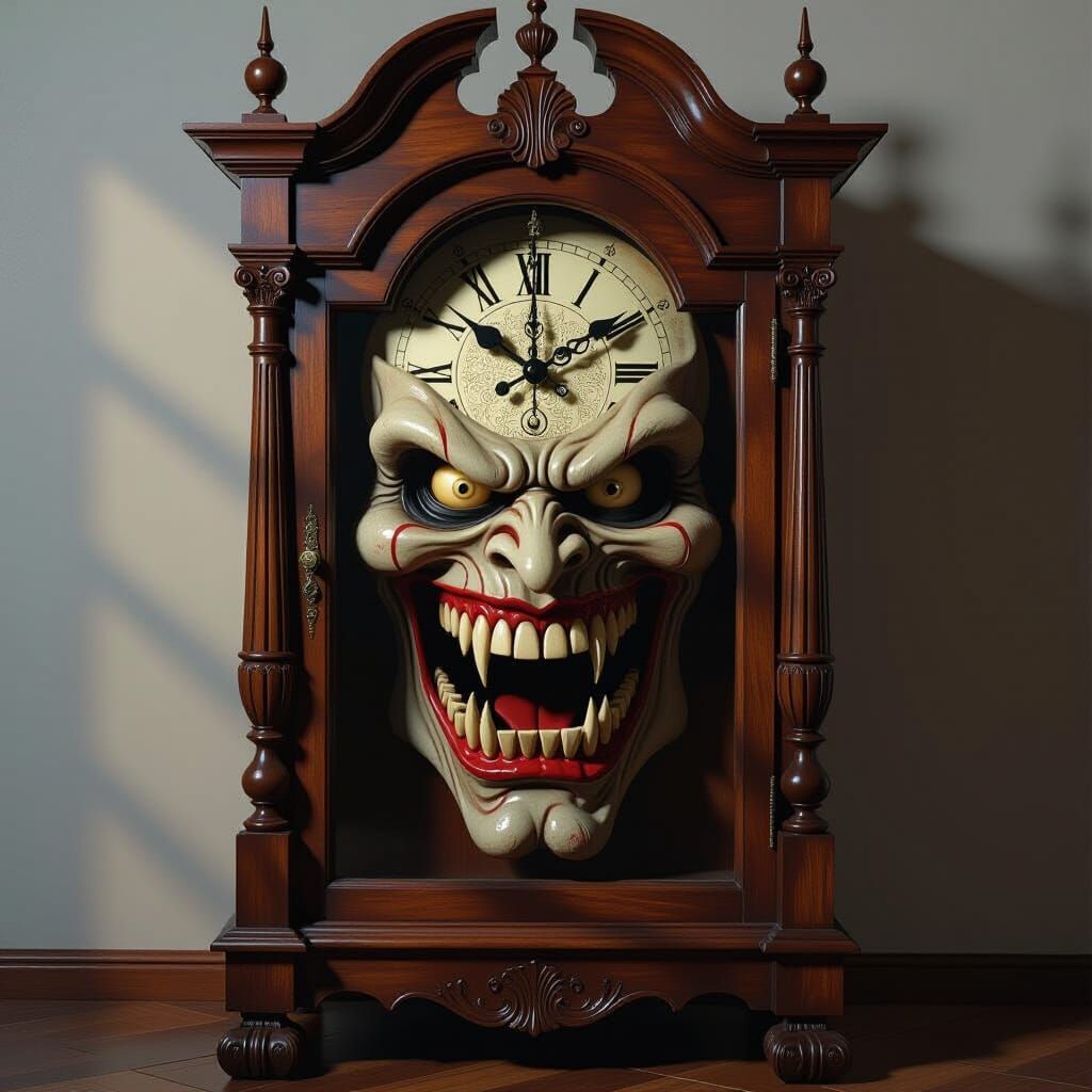 Sinister Grandfather Clock with Evil Face and Sharp Teeth