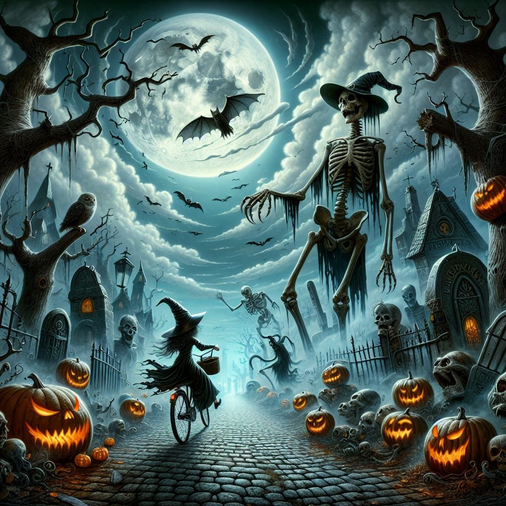 Spooky Halloween Scene with Witch and Skeleton