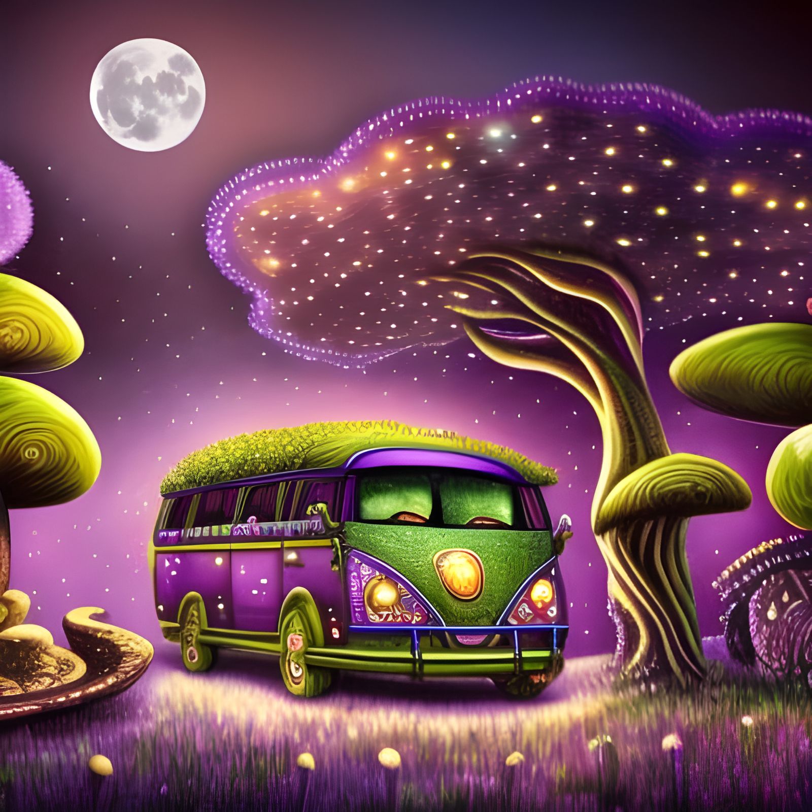 Enchanted Mushroom Bus in Whimsical Forest