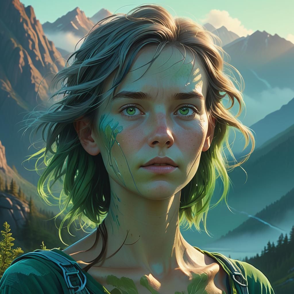 Serene Woman in Mountain Landscape: Matte Painting