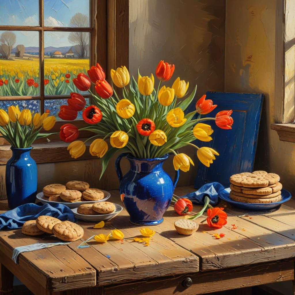 Vibrant Tulips and Poppies: Van Gogh Style Still Life