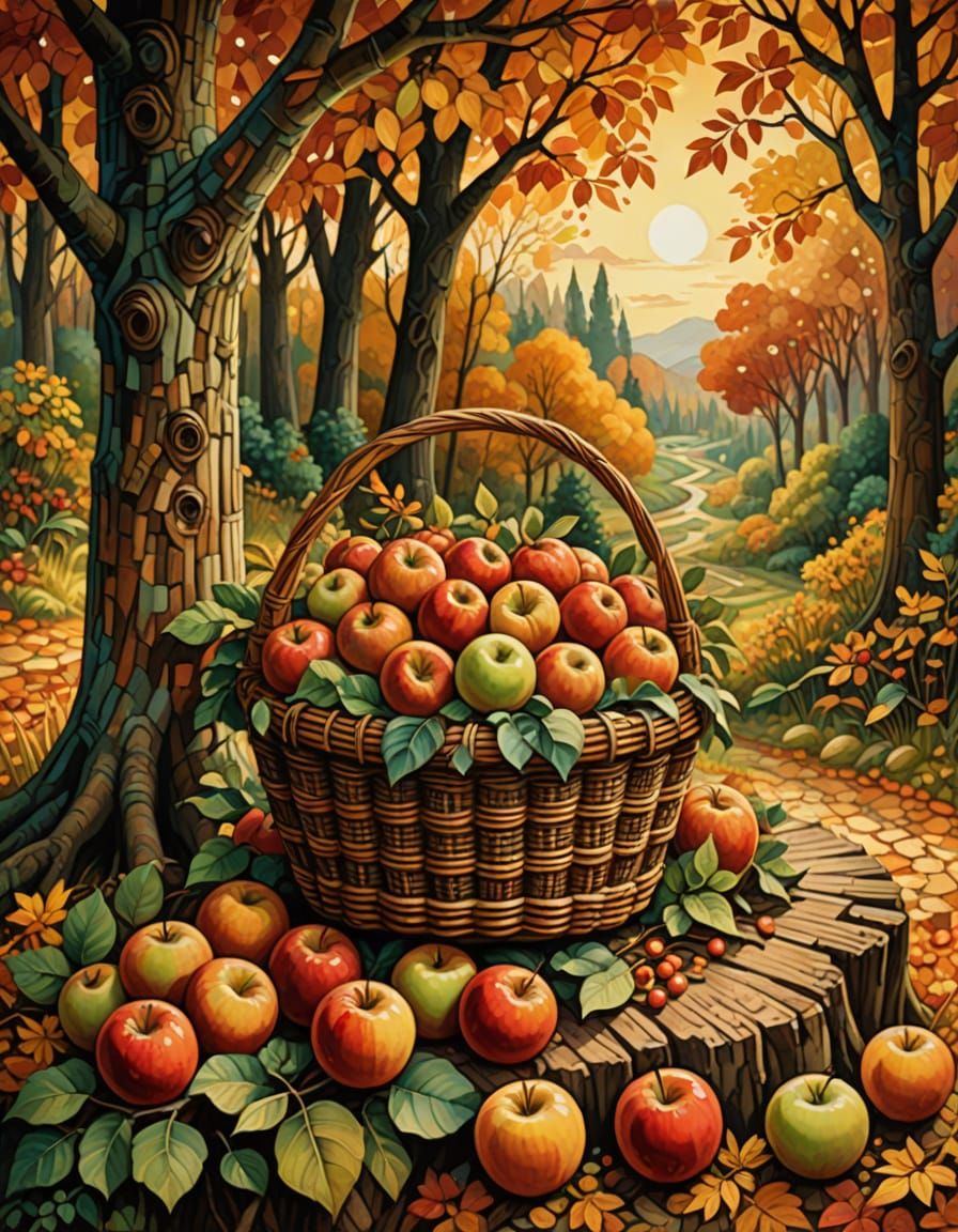 Autumnal Folk Art Scene with Apples and Cozy Atmosphere
