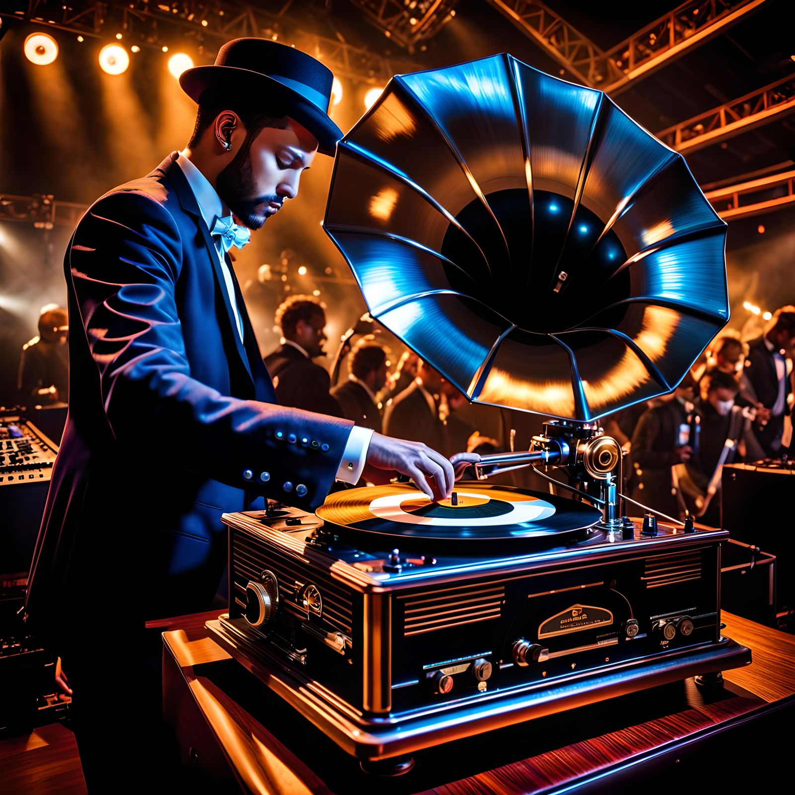 DJ at EBM Festival with Vintage Gramophone in Retrowave Styl...