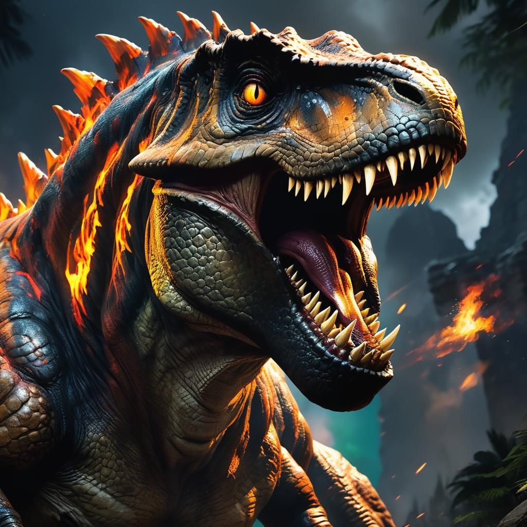 Fierce T-Rex Roaring in Dark Fantasy Style