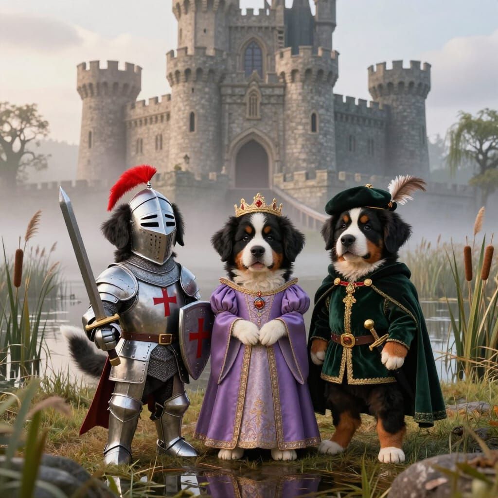 Bernese Mountain Dog Puppies Guard Biskitt Castle in Misty S...