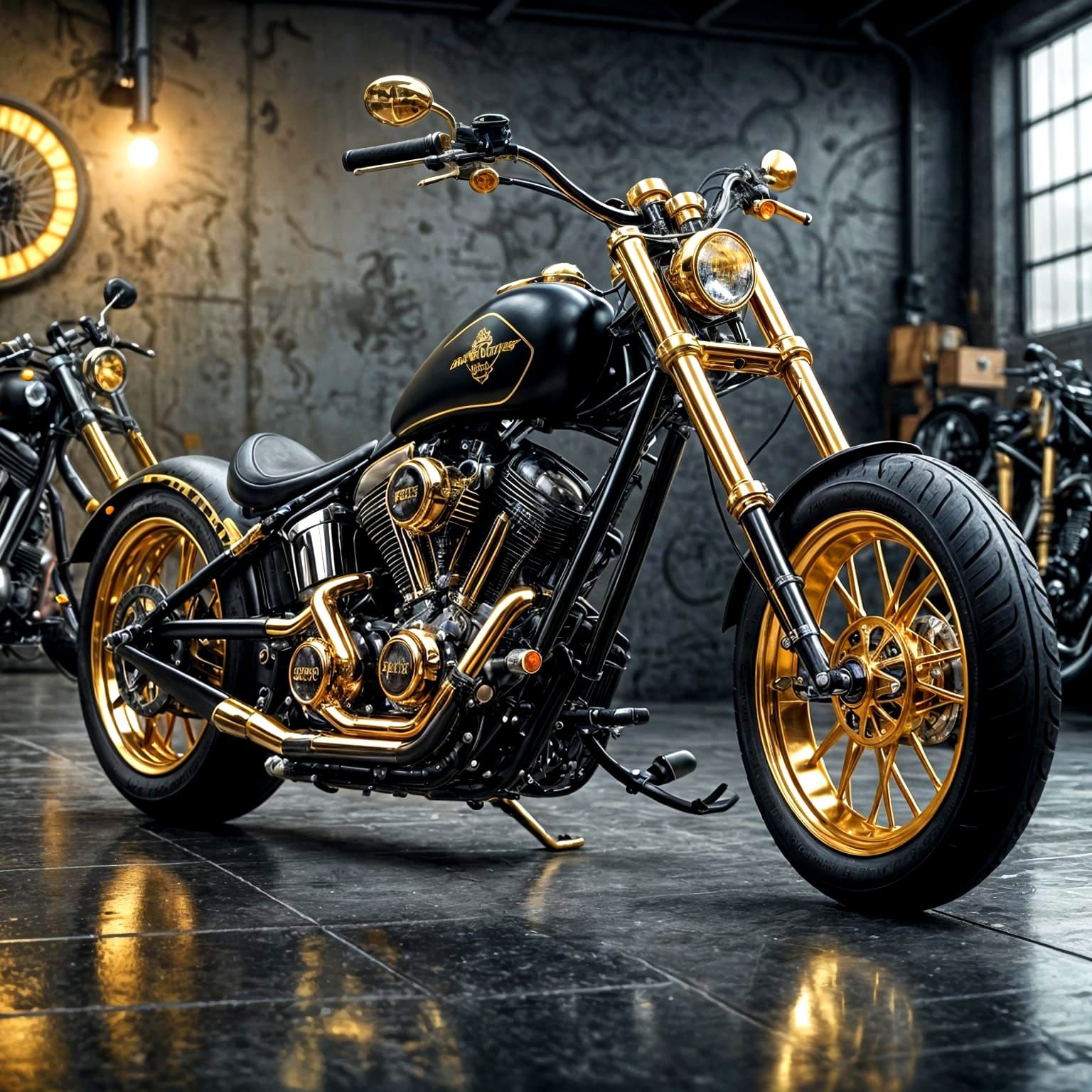 Hyperrealistic Matte Black Chopper with Gold Details