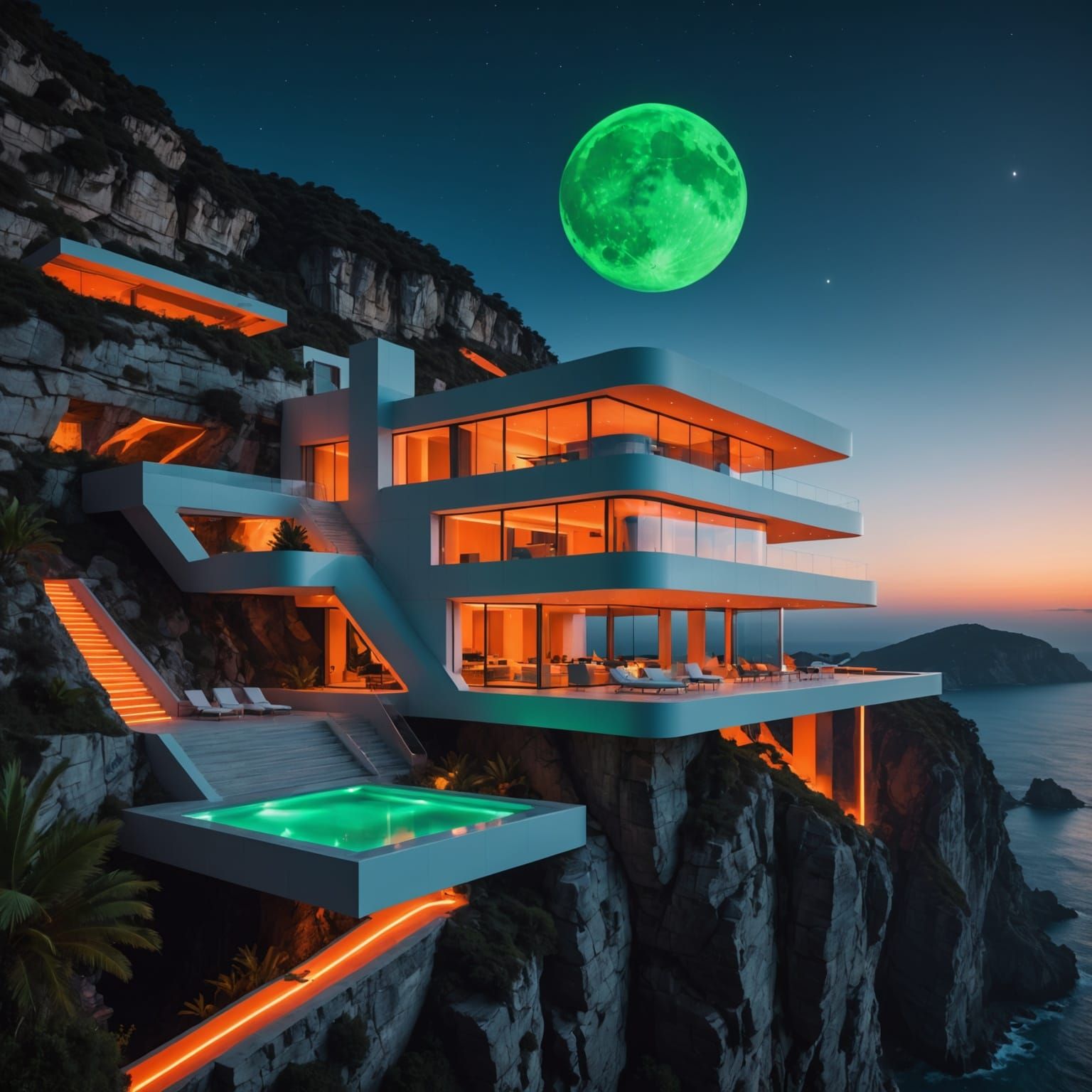 Futuristic Cliffside Villa with Neon Accents