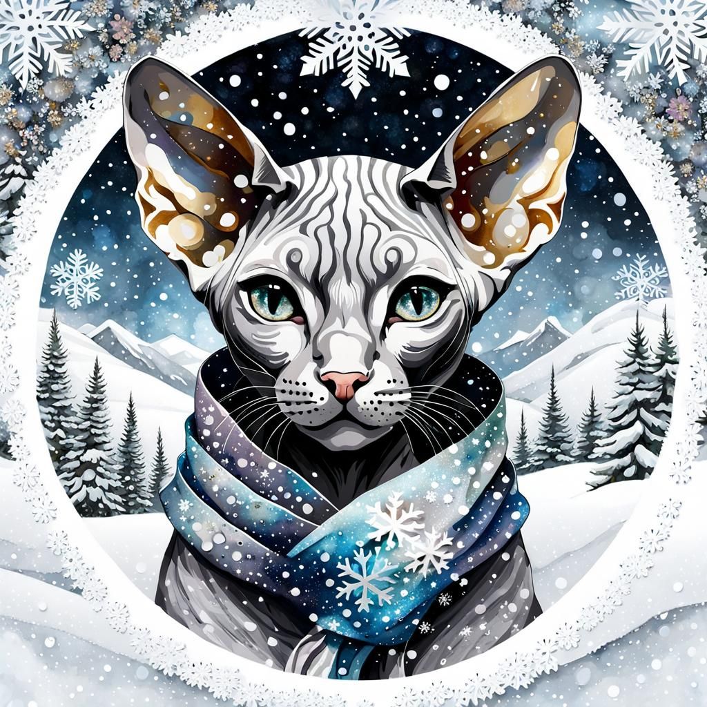 Glittering Grey Sphynx Kitten in Snowy Scene