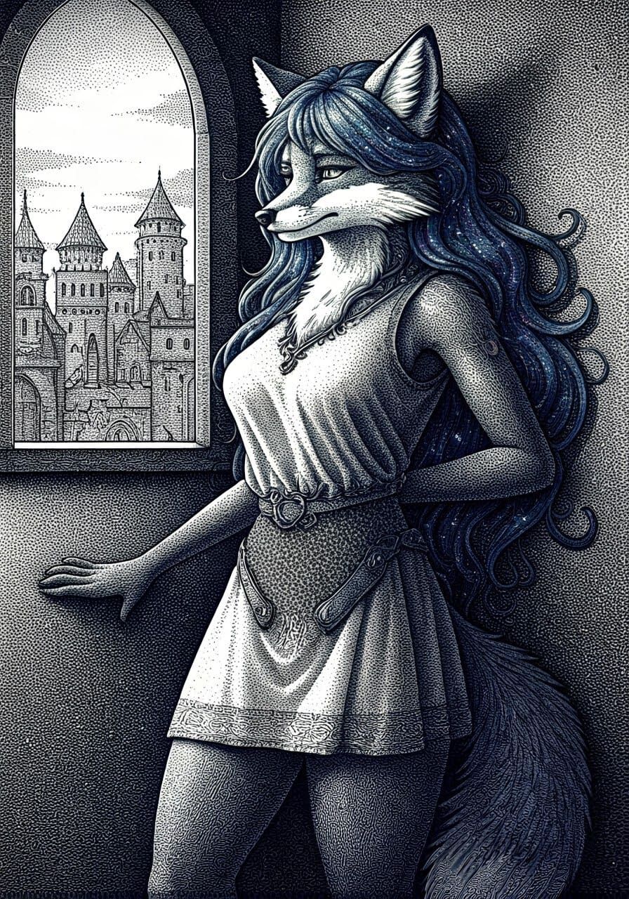 Anthropomorphic Fox in Apartment, Pointillism Style