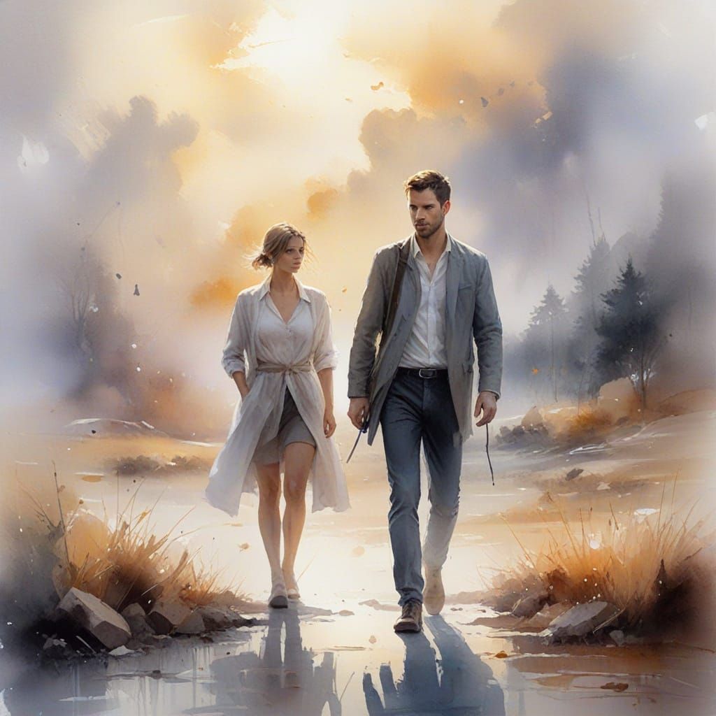 Ethereal Watercolour Portrait in Misty Landscape