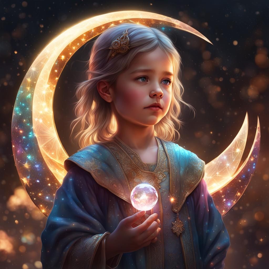 Girl Holding Crystal to Crescent Moon
