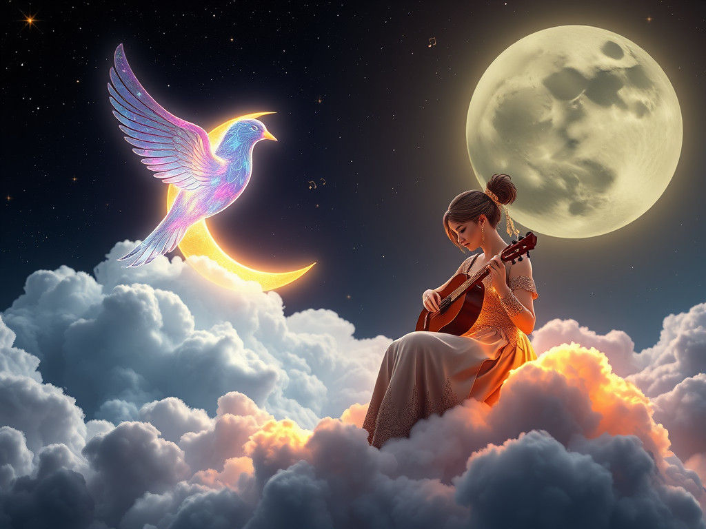 Enchanting Moonlit Scene with Maiden and Light Bird