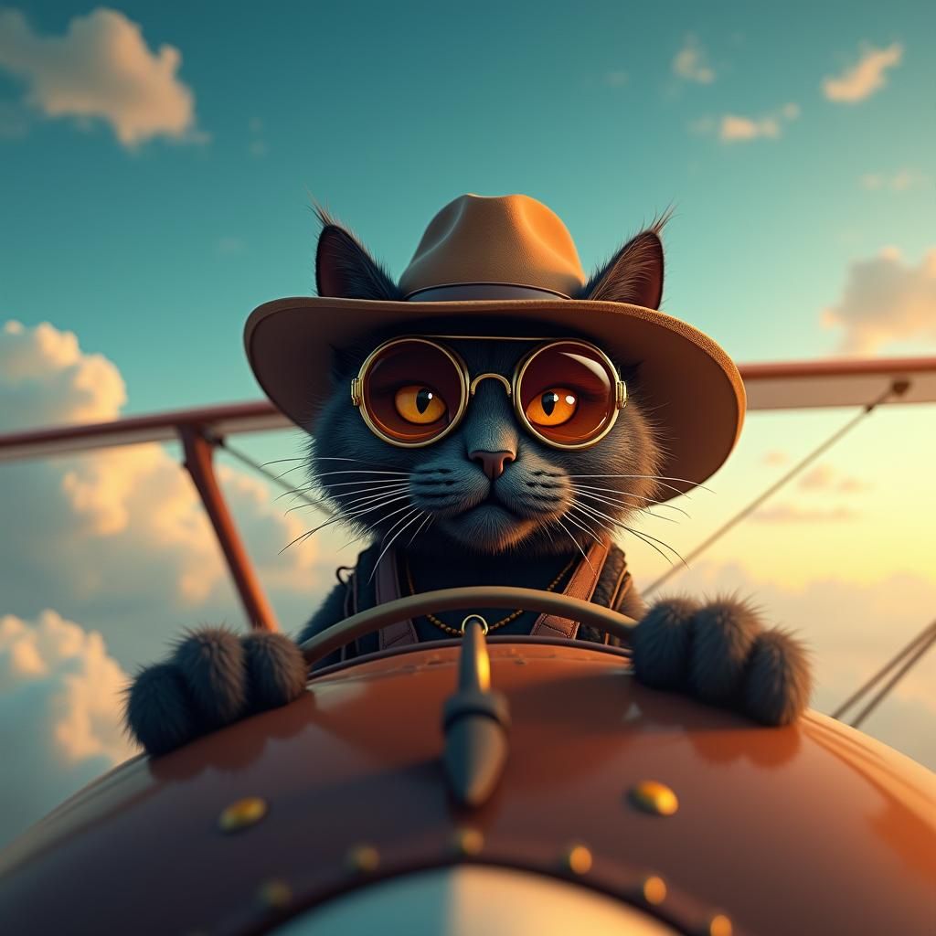 Black Cat Cowboy Biplane in Golden Sunset