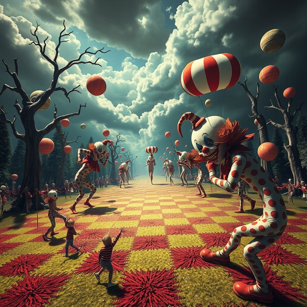 Bizarre Escher-Inspired Carnival Landscape with Clowns