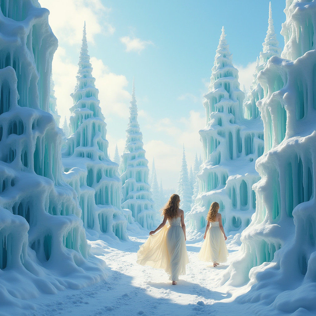 Ethereal Ice City with Pale Women in Fantasy Style