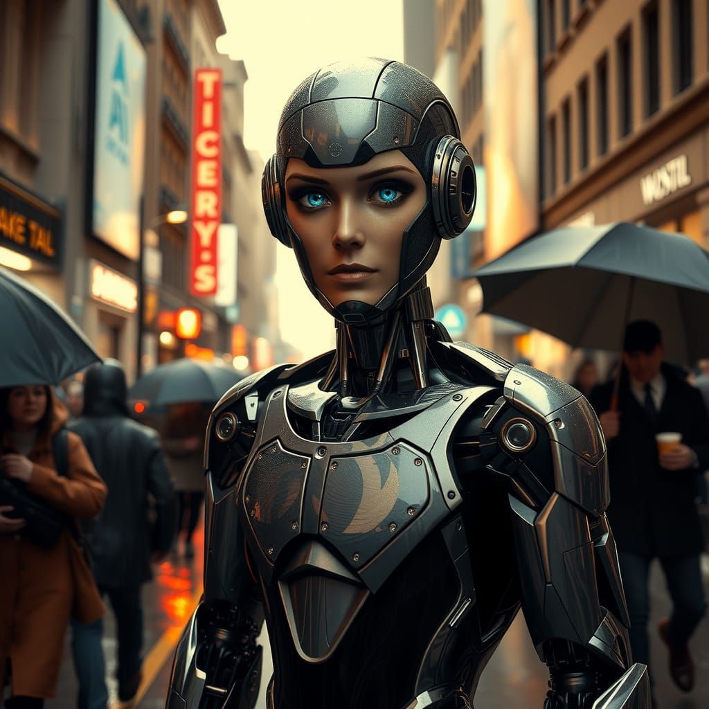 Hyperrealistic Android in City Center, Cinematic Style