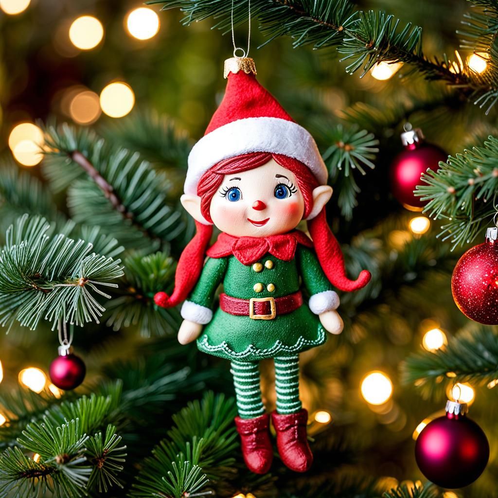 Festive Salt-Dough Doll Ornament on Evergreen Branch