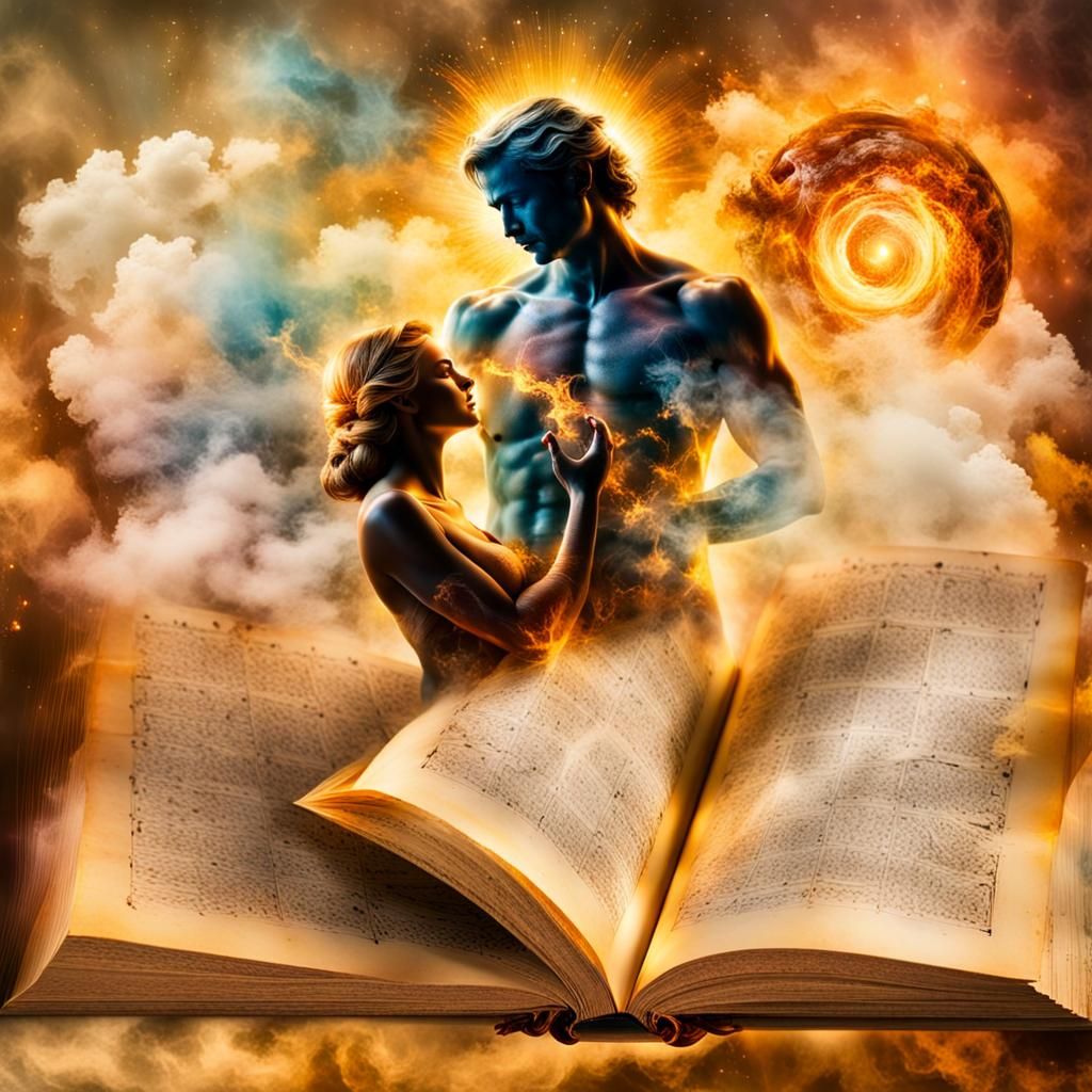 Entwined Figures Amidst Fiery Flames and Sunshine