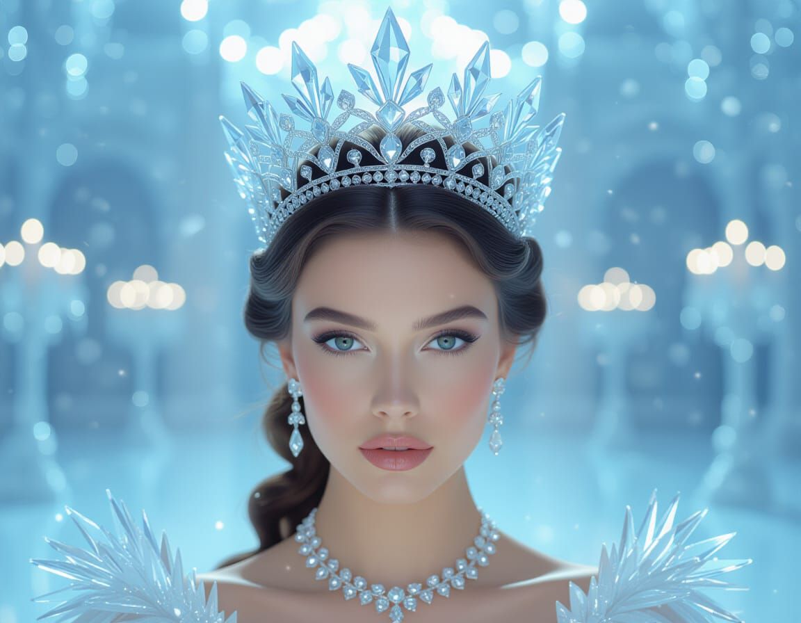Hyperrealistic Queen in Icy Crown at Frosty Ballroom