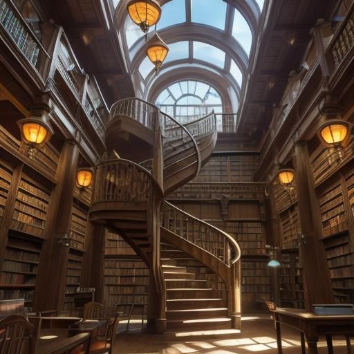 Whimsical Library Scene in Warm Oil Painting Style