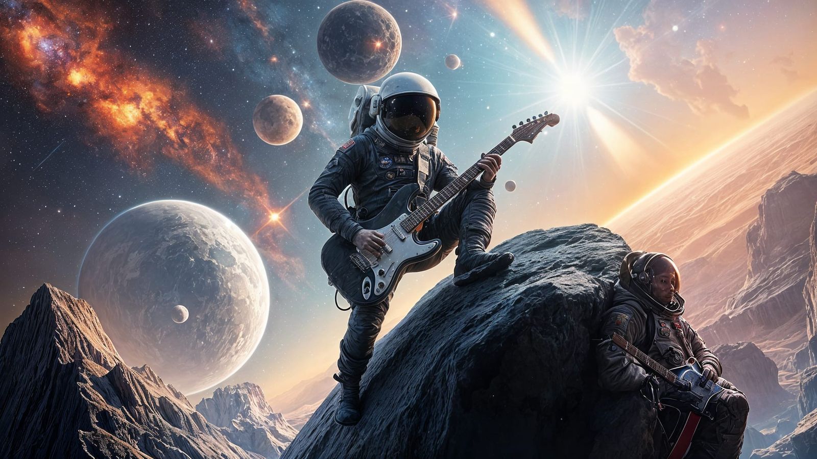 Astronaut Shreds Electric Guitar on Asteroid in Cosmic Backg...