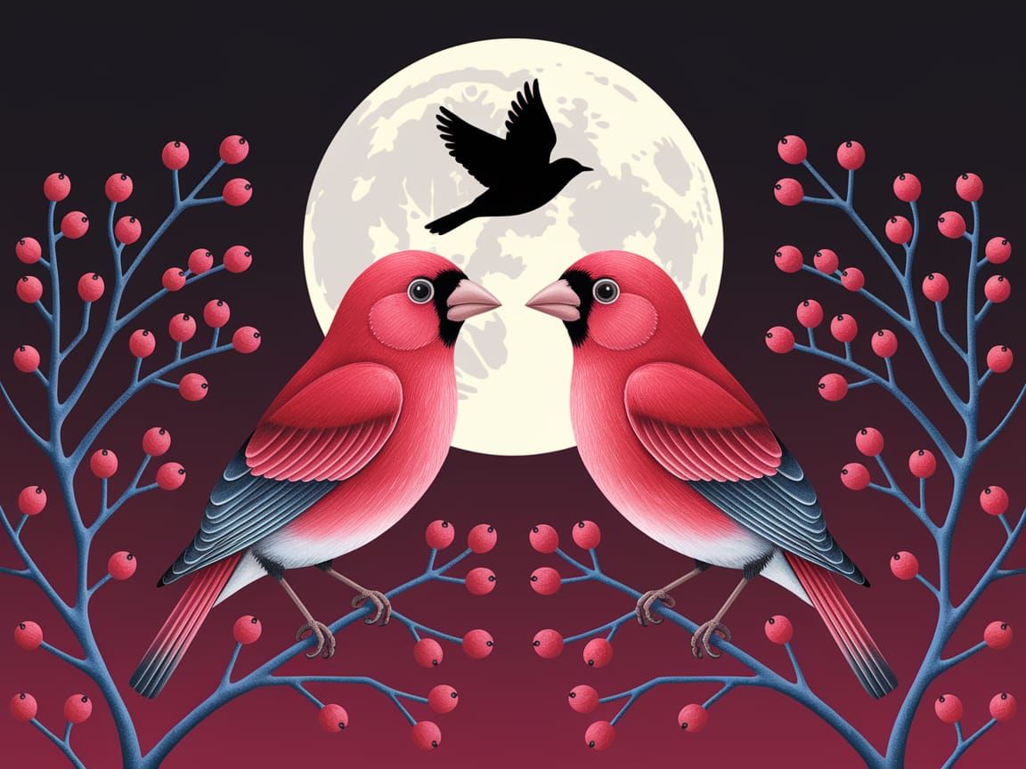 Vibrant Red Birds Under the Dreamlike Moon