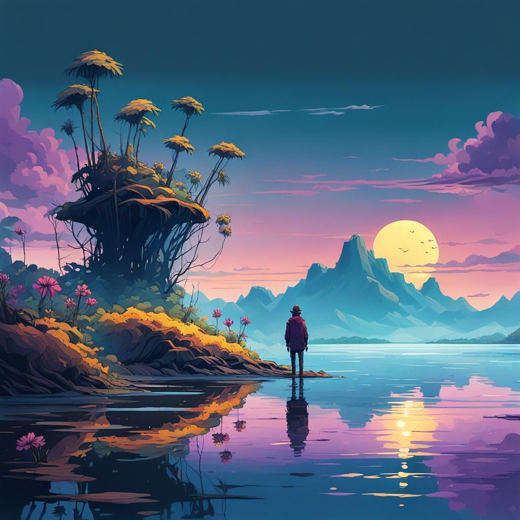 Seashore Lagoon with Lone Figure in Fantasy Art