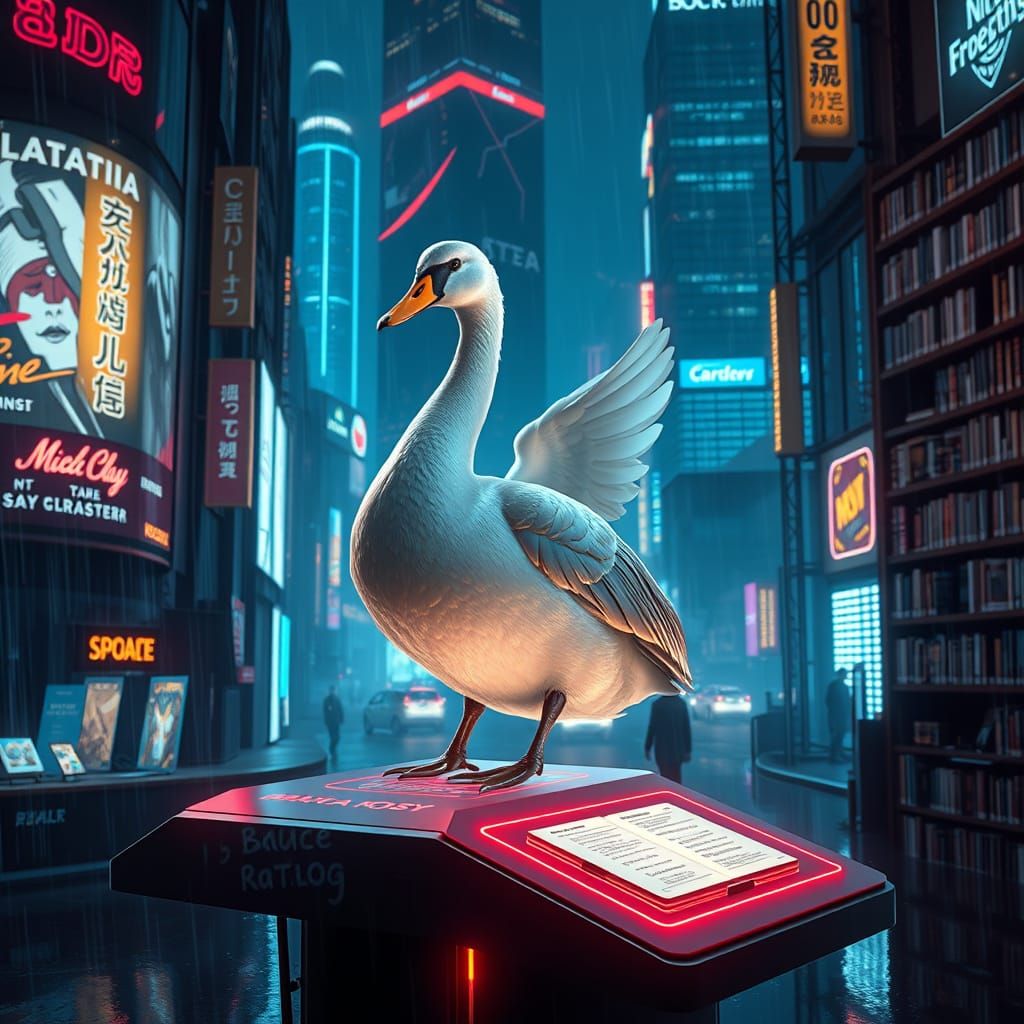 Majestic Duck in Futuristic Library