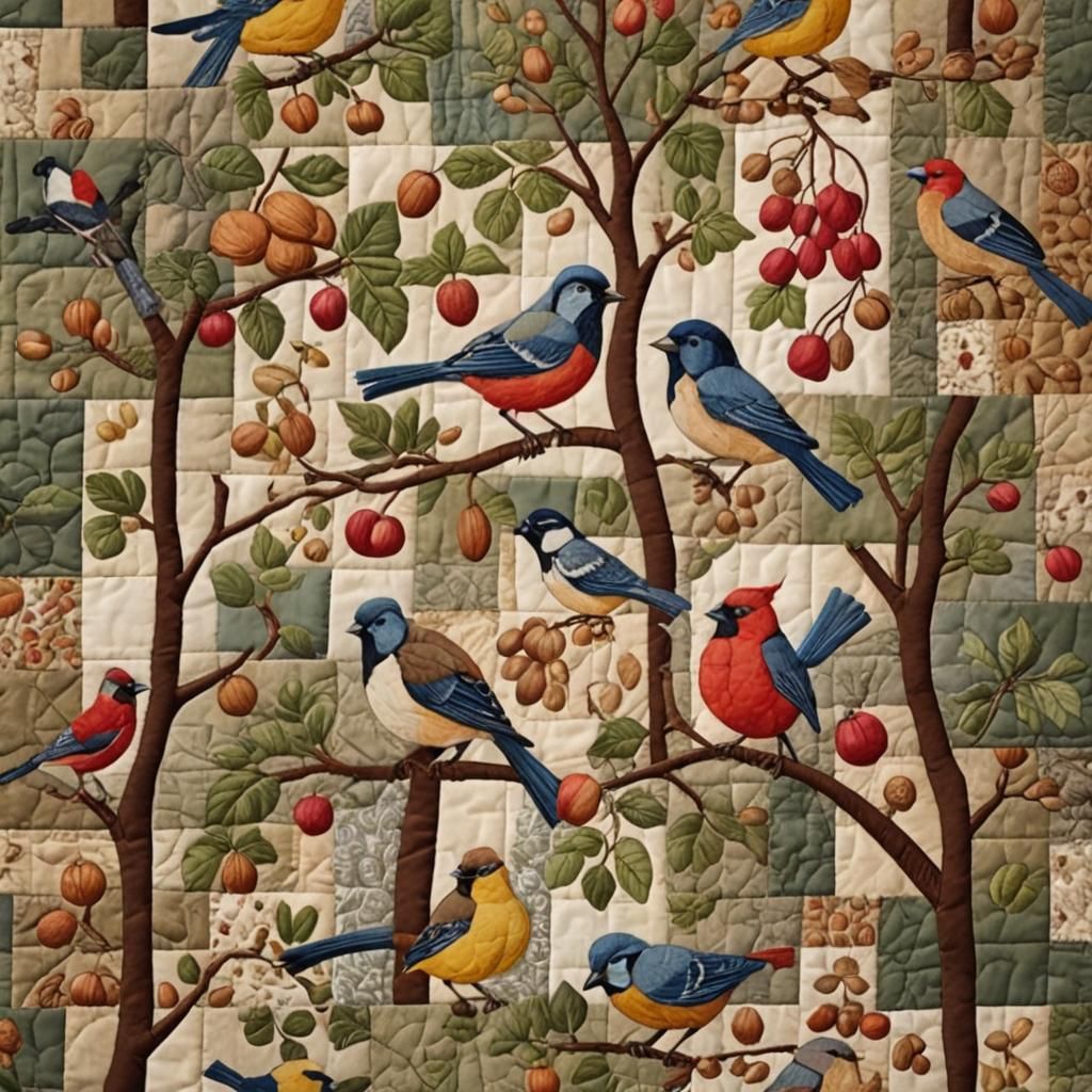 Garden Birds Patchwork Quilt with Nuts