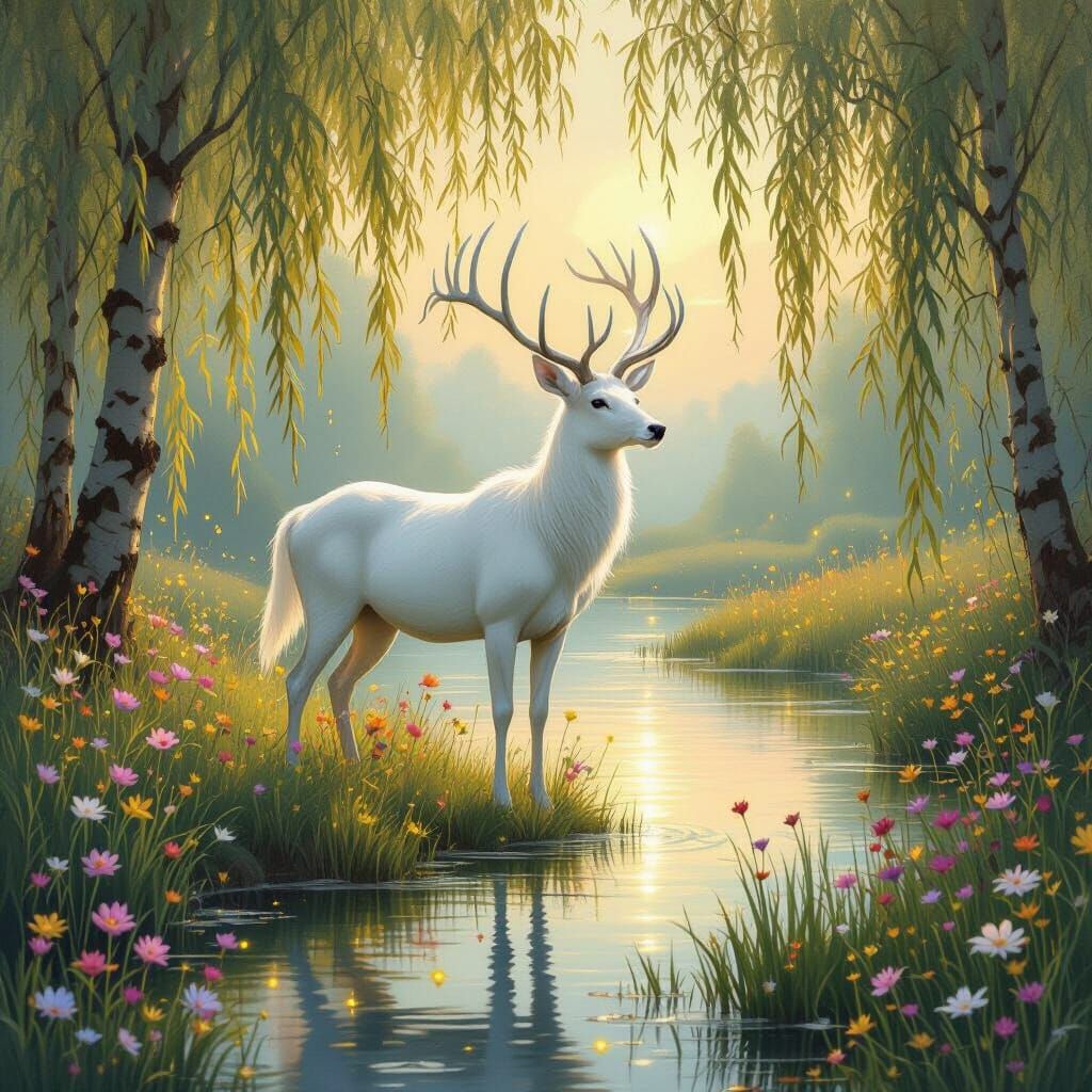 Ethereal White Stag in Dreamy Landscape