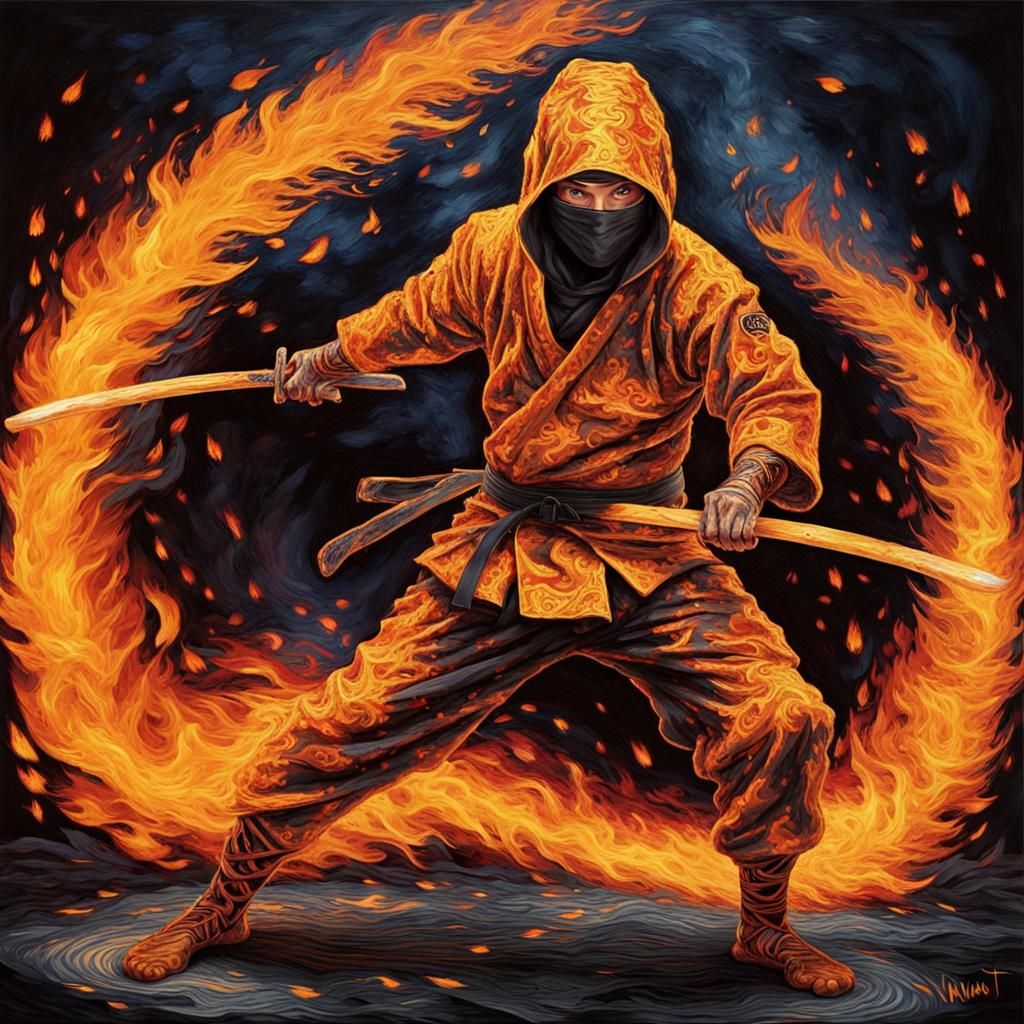 Fiery Ninja Fighter in Klimt Style