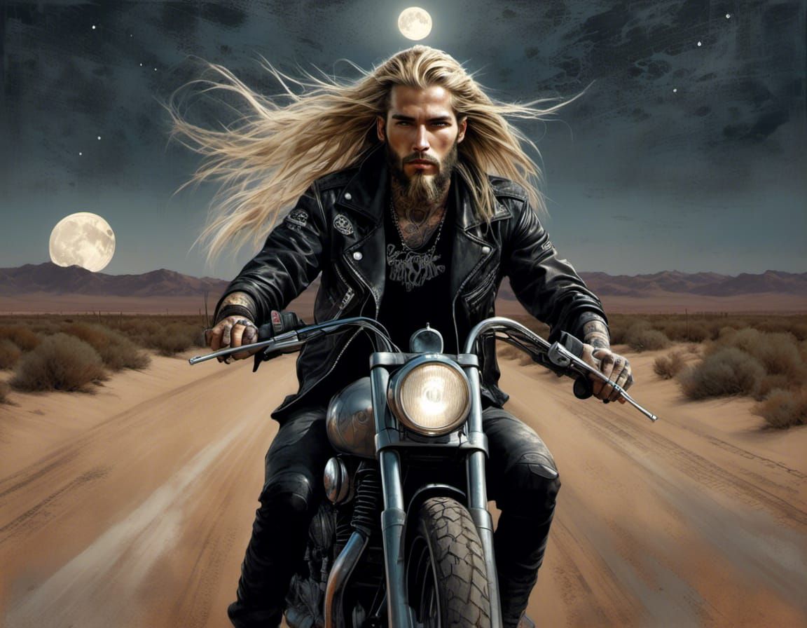 Biker on Desert Road at Night