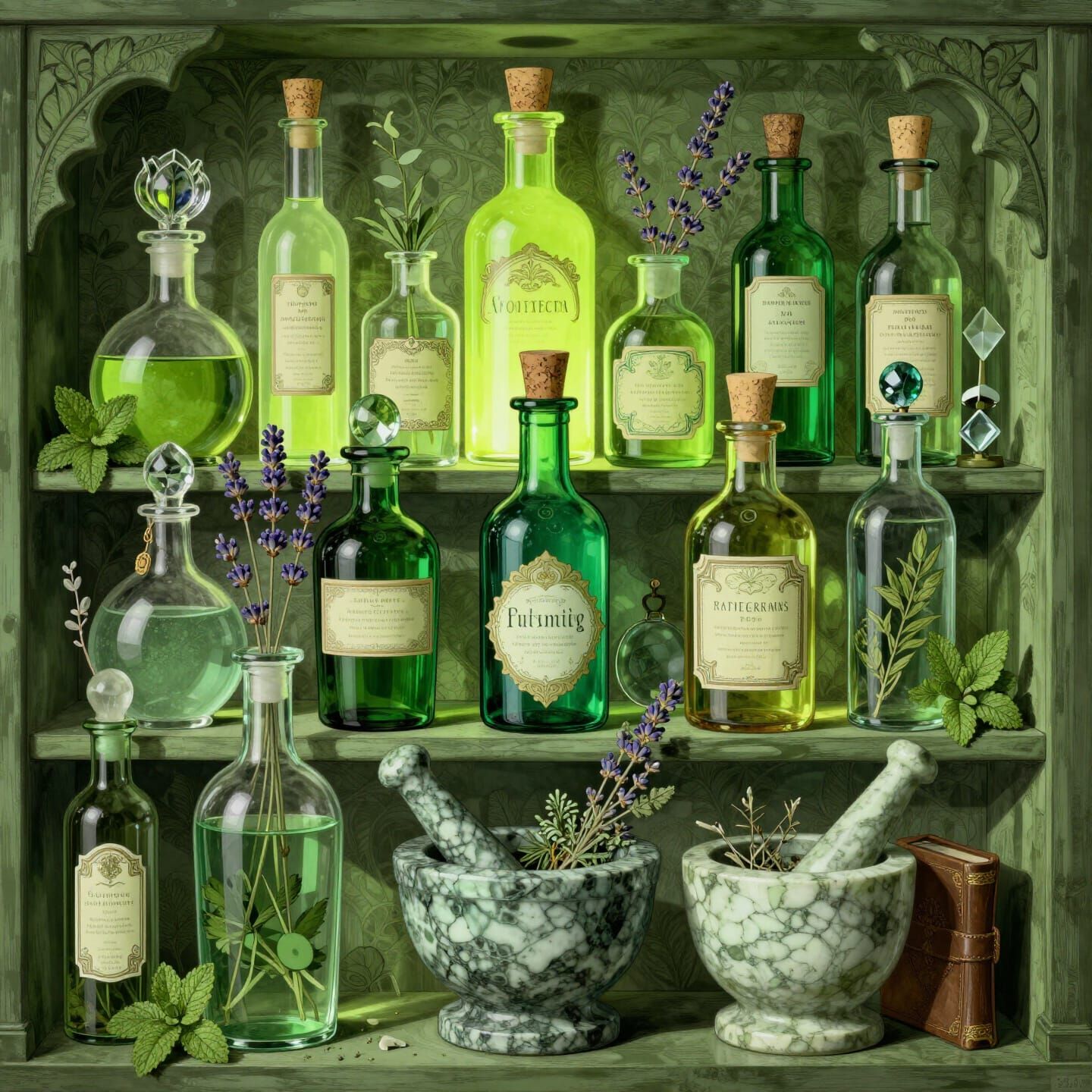 Art Nouveau Apothecary Bottles in Emerald Tones