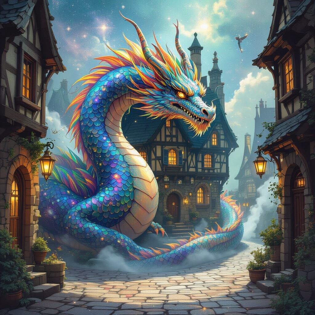 Cosmic Dragon Protects Tavern in Celestial Nexus