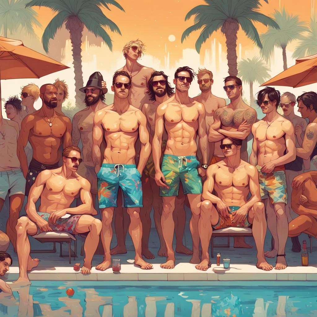 Gay Men's Pool Party: Hyperrealistic Digital Art