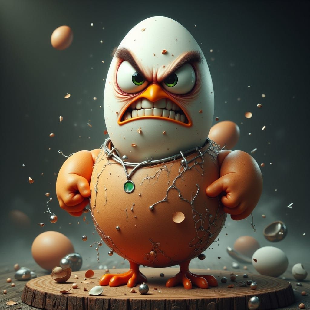 An Angry Egg head sits atop a chicken's body. <lora:-Angry Eggs-:1.0>
