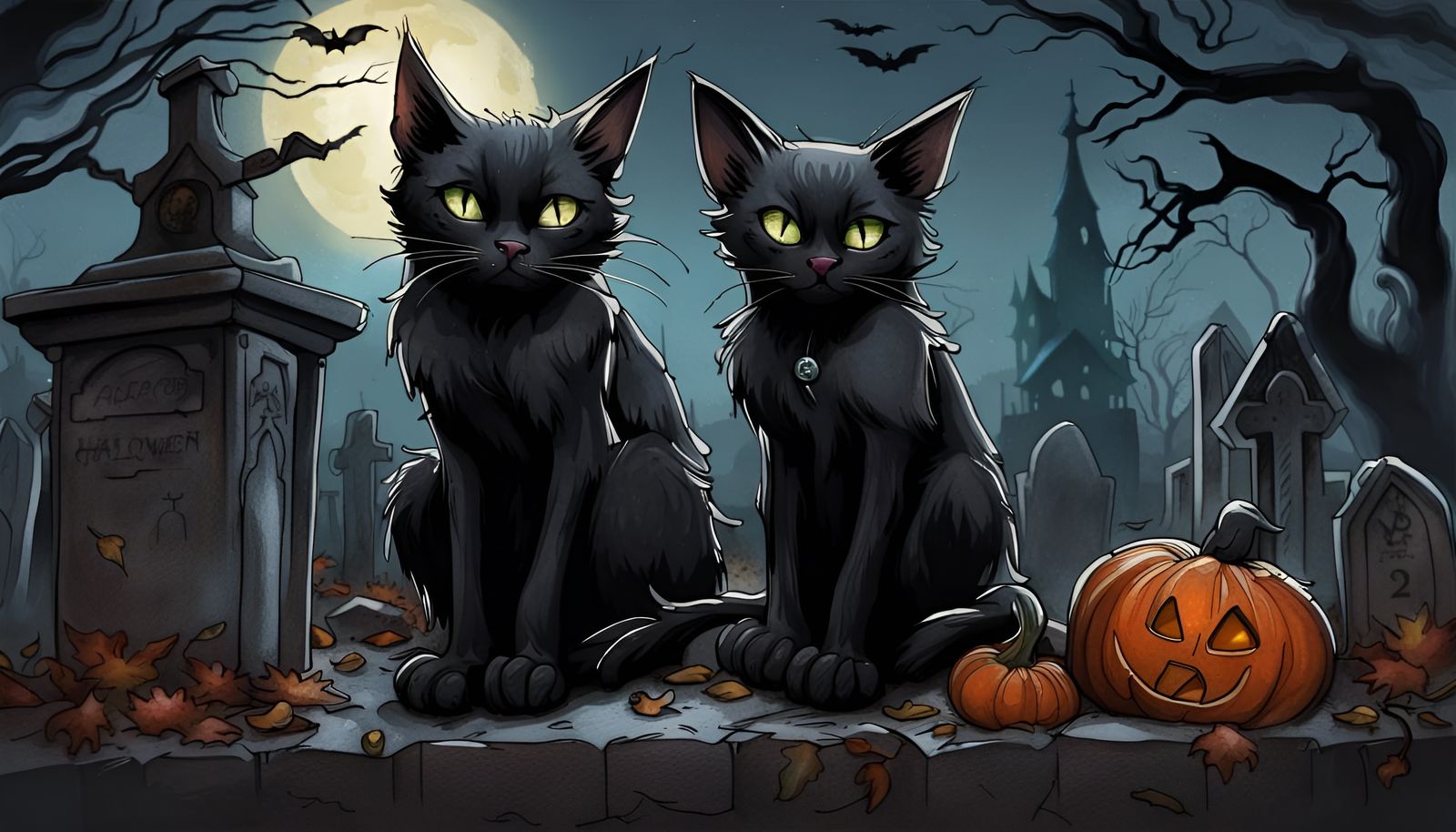 Black Cat Halloween Tattoo in Graveyard at Midnight