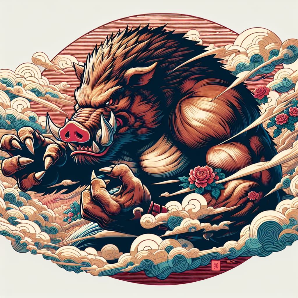 Stout Hog in Fierce Battle: Japanese Animation Style