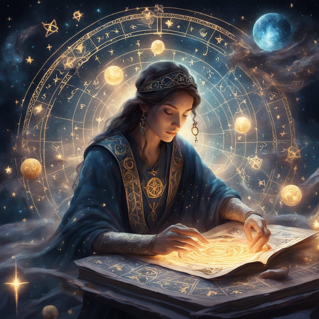 Mystical Tarot Reader Studying Constellations with Glimmerin...