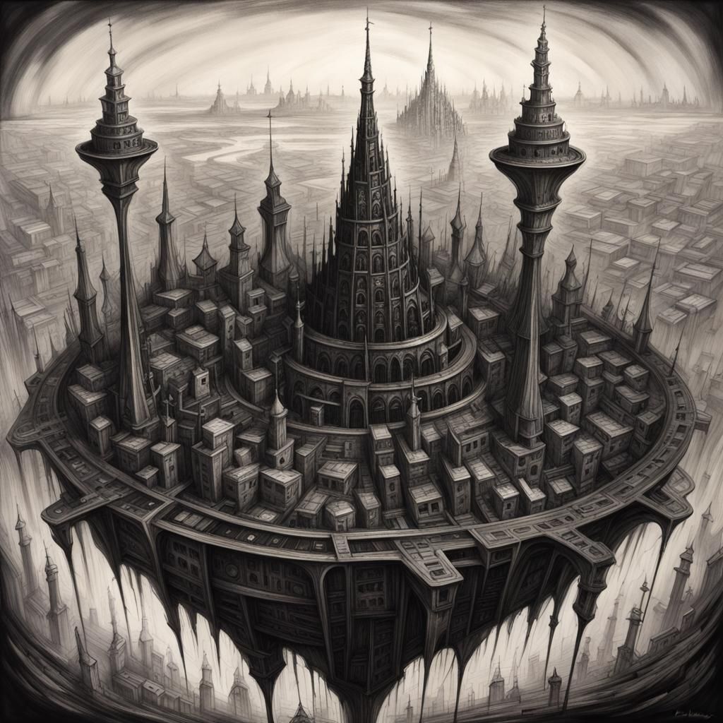 Futuristic City with Floating Spire: Dark Fantasy Art