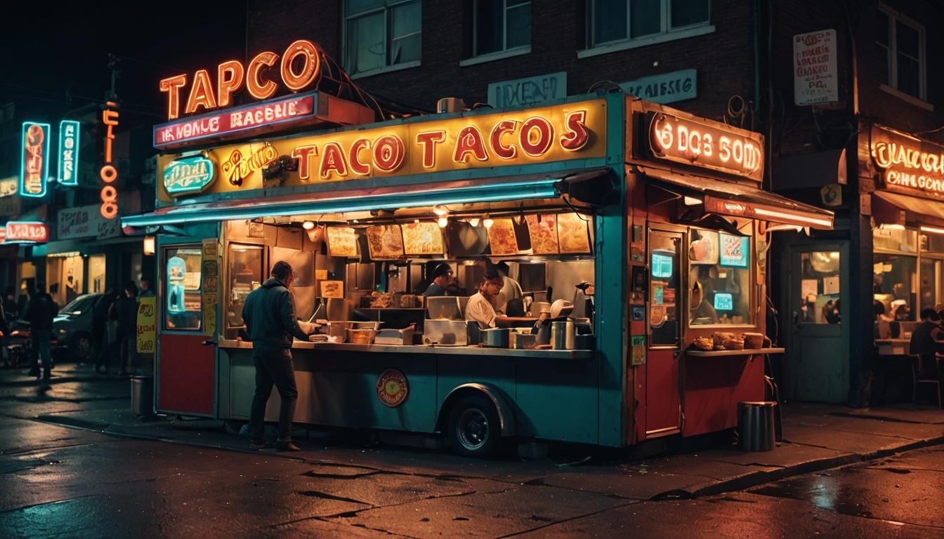 Vibrant Fusion Taco Stand at Night: Cinematic Still